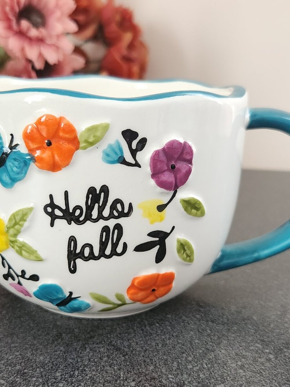 Lang By Design Hello Fall Floral Ceramic Coffee Mug Blue Handle Fall Flowers
